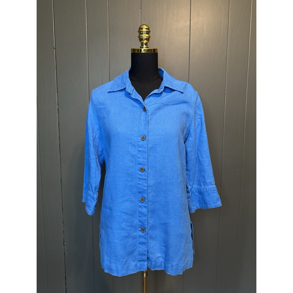 Chicos Women's Blue Blouse Size 0 Small 3/4 Sleeve Button Up Tie Front 100%Linen